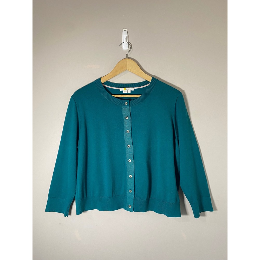 Boden NWOT Eldon Teal Cotton Cropped Button Front Crewneck Cardigan Sweater XL